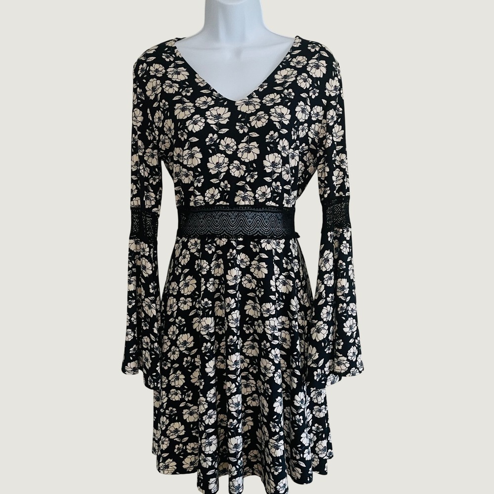 Womens Y2K Whimsigoth Dark Floral Dress S Crochet Lace Trim Bell Sleeve Witchy